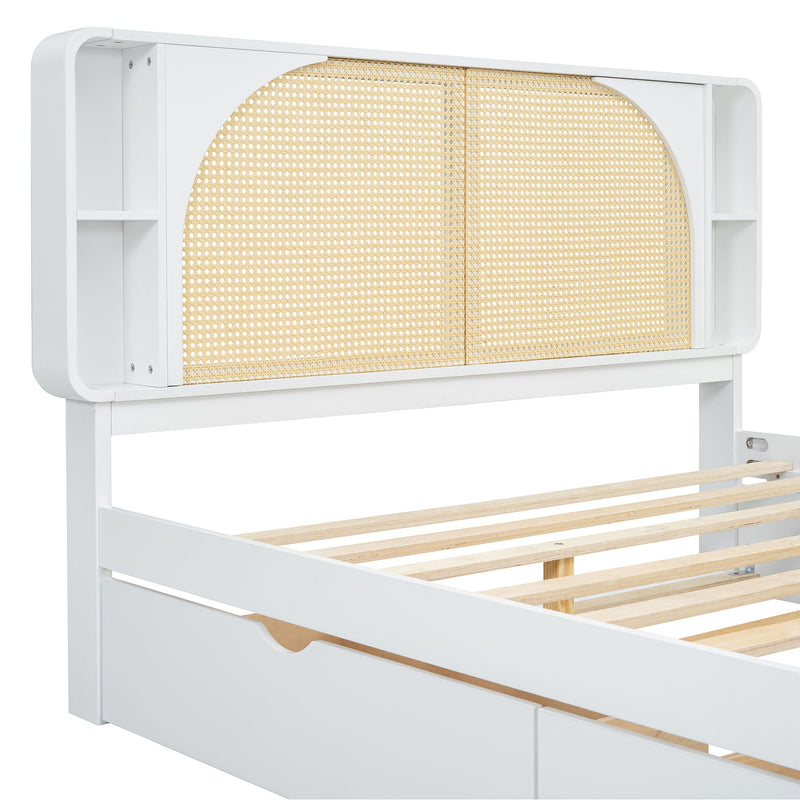 Queen Size Rattan Headboard Bed With Two Drawers And Trundle - White