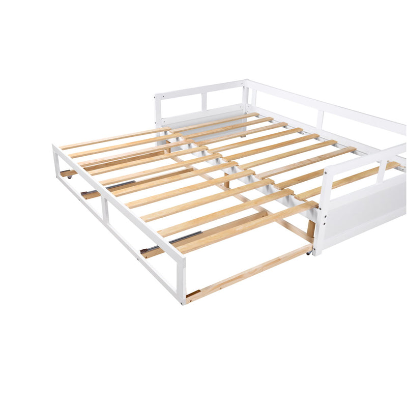 Wooden Daybed With Trundle Bed And Two Storage Drawers, Extendable Bed Daybed, Sofa Bed For Bedroom Living Room - White