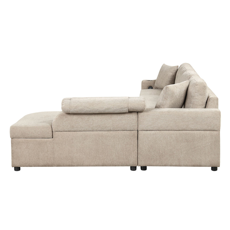 L-Shaped Couch Sectional Sofa With Storage Chaise, Cup Holder And USB Ports For Living Room