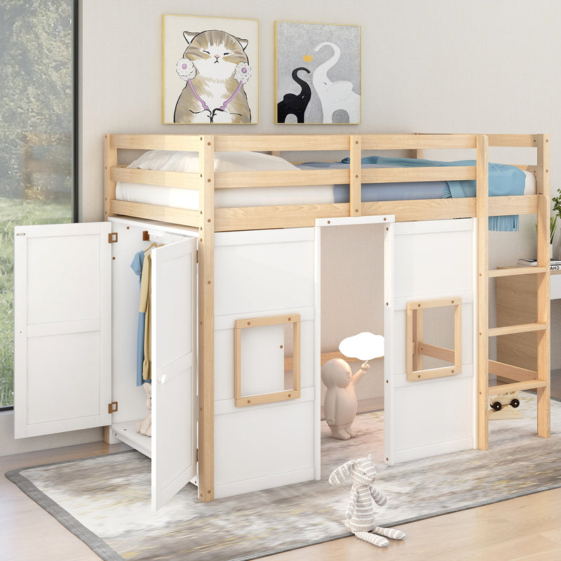 Wood Twin Size Loft Bed with Built-in Storage Wardrobe and 2 Windows, Natural/White