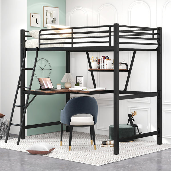 Twin Size Loft Metal&MDF Bed with Desk and Shelf, Black (Old SKU:SM001105AAB-1)