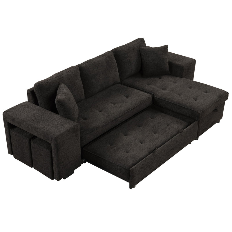 Modern L-Shape 3 Seat Reversible Sectional Couch, Pull Out Sleeper Sofa With Storage Chaise And 2 Stools For Living Room Furniture Set