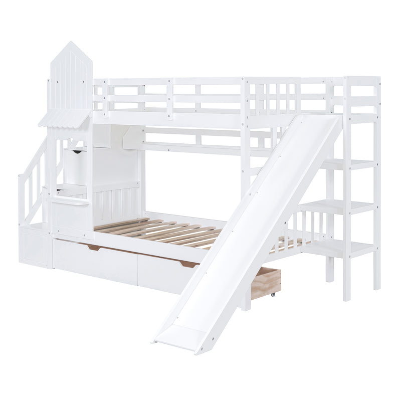 Twin-Over-Twin Castle Style Bunk Bed with 2 Drawers 3 Shelves and Slide - White