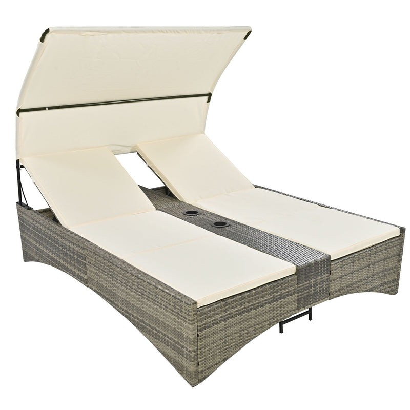 Patio Daybed Outdoor Daybed Sun Lounger With Shelter Roof With Adjustable Backrest, Storage Box And 2 Cup Holders For Patio, Balcony, Poolside