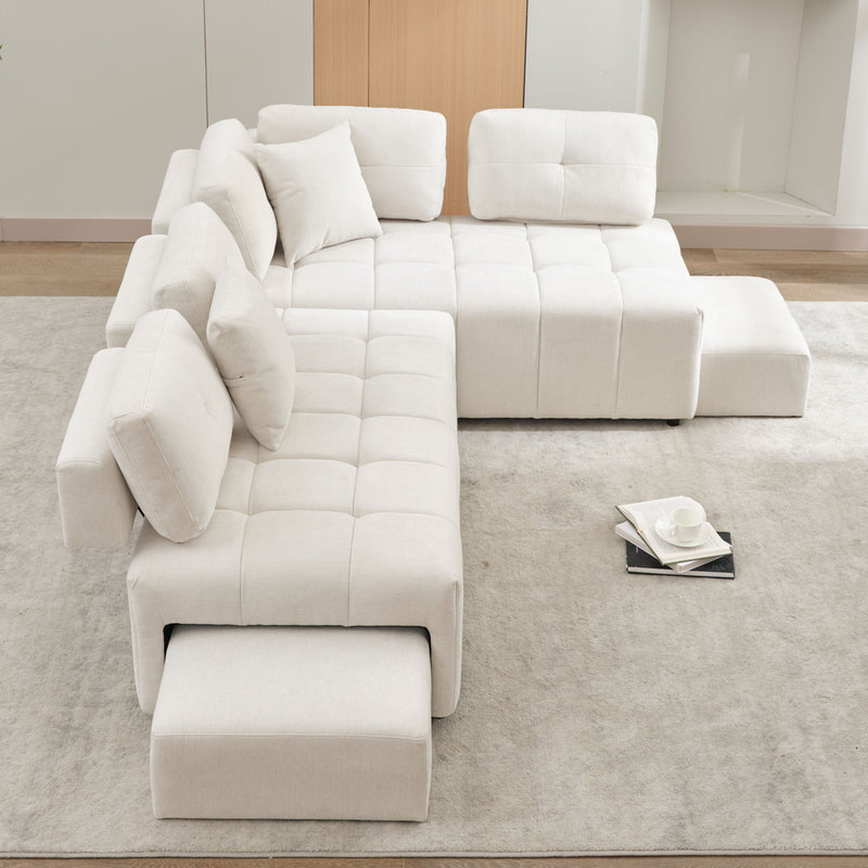 L-Shaped Sofa Sectional Sofa Couch With 2 Stools And 2 Lumbar Pillows For Living Room