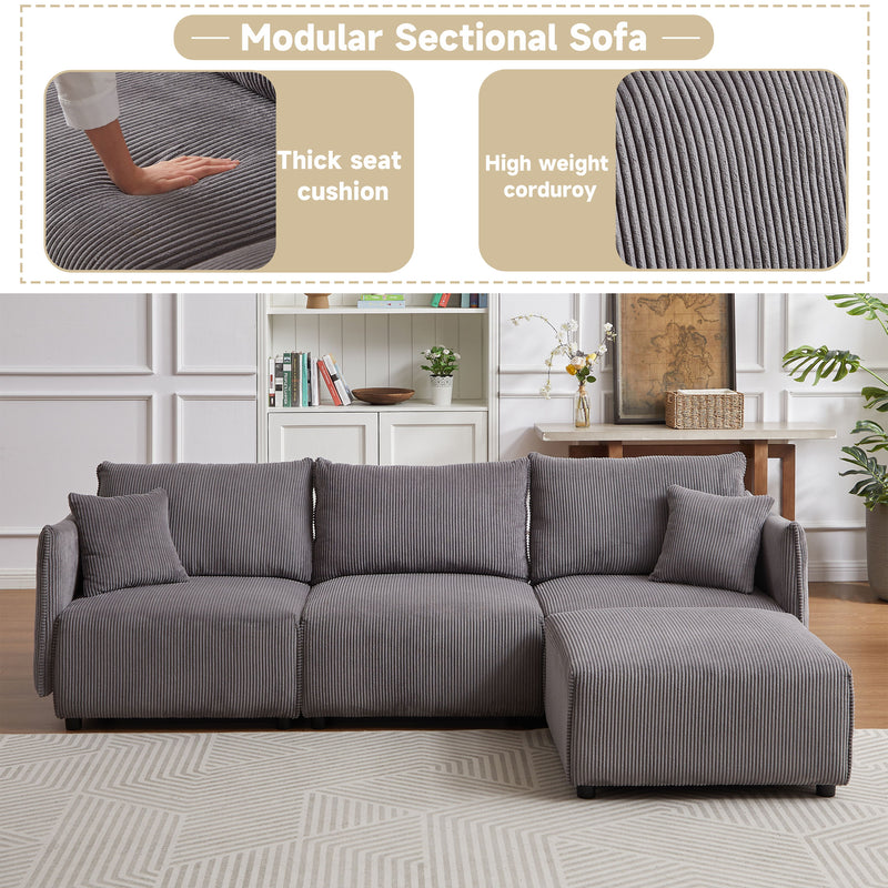 Multi-Module Combination Style Sofa For Living Room, Bedroom And Other Lounge Spaces, Modern Minimalist Corduroy Combination Sofa With 2 Comfort Cushions With USB & C Charging Ports - Gray