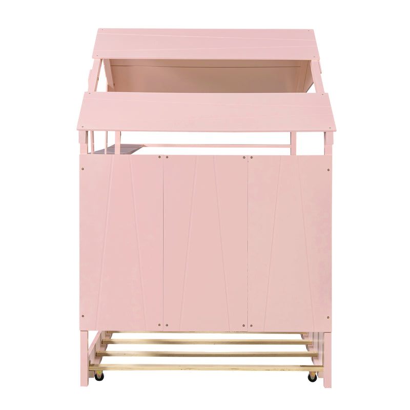 Wood Twin Size House Bed with Trundle and Storage, Pink