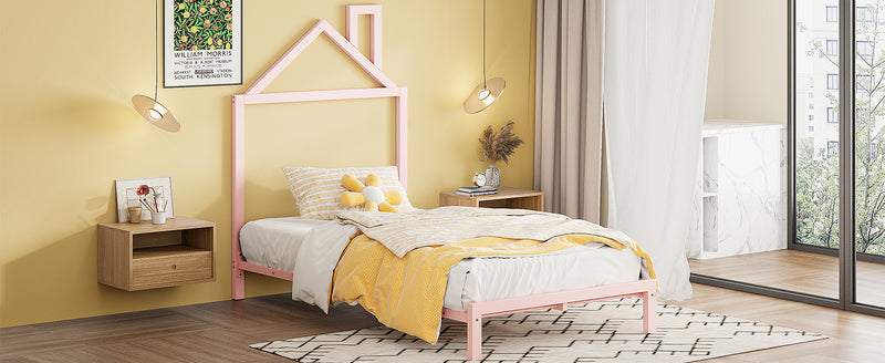 Twin Size Metal Platform Bed with House-Shaped Headboard Design, Pink