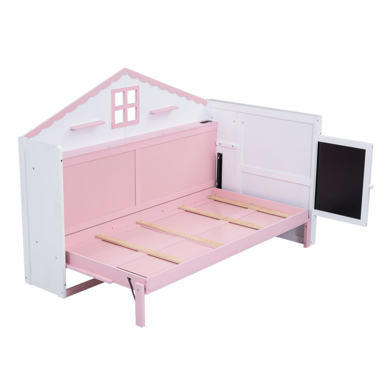 Wood Twin Size House Murphy Bed with USB, Storage Shelves and Blackboard, Pink+White