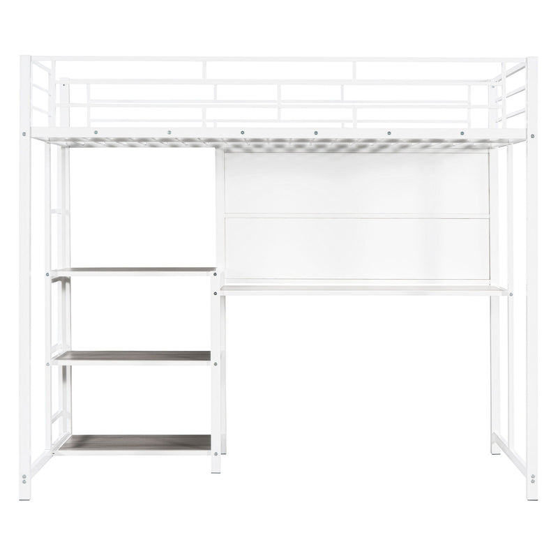 Twin Size Loft Bed With Desk And Whiteboard, Metal Loft Bed With 3 Shelves And Ladder - White