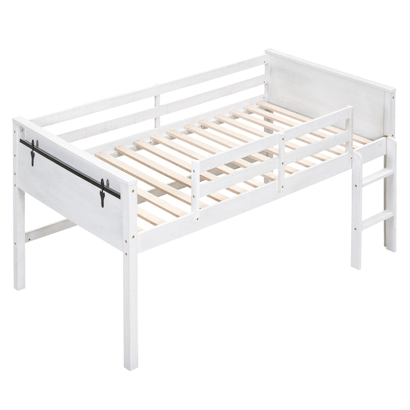 Wood Twin Size Loft Bed with Hanging Clothes Racks, White