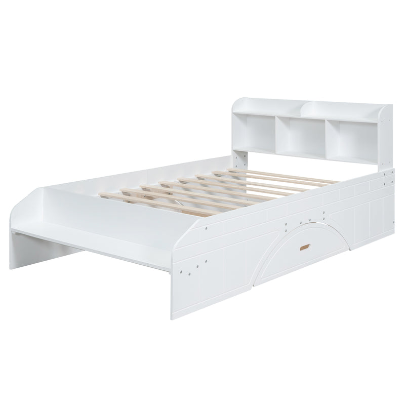 Wood Full Size Platform Bed with 2 Drawers, Storage  Headboard and Footboard, White