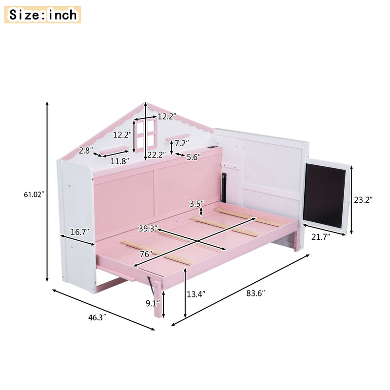 Wood Twin Size House Murphy Bed with USB, Storage Shelves and Blackboard, Pink+White