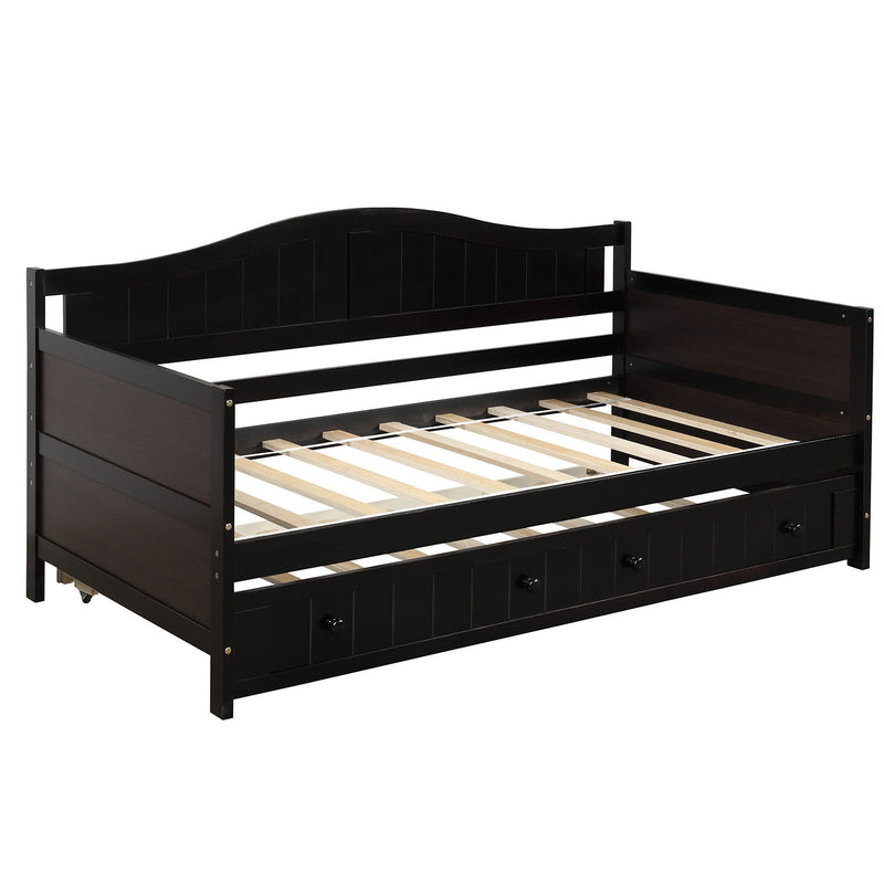 Twin Wooden Daybed With Trundle Bed, Sofa Bed For Bedroom Living Room - Espresso