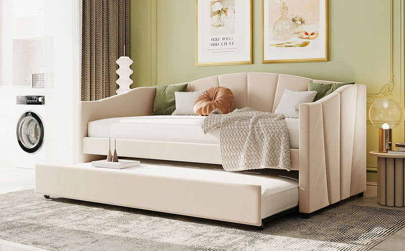 Twin Size Upholstered Daybed Sofa Bed With Trundle Bed And Wood Slat - Beige