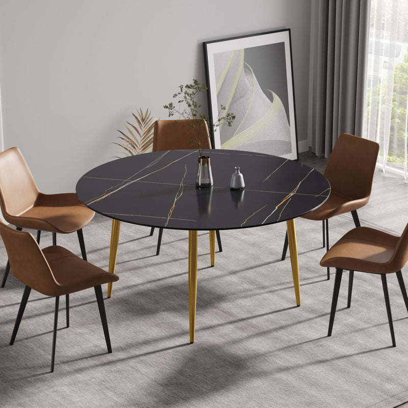 Modern Man-Made Stone Round Metal Dining Table-Position For 6 People - Black