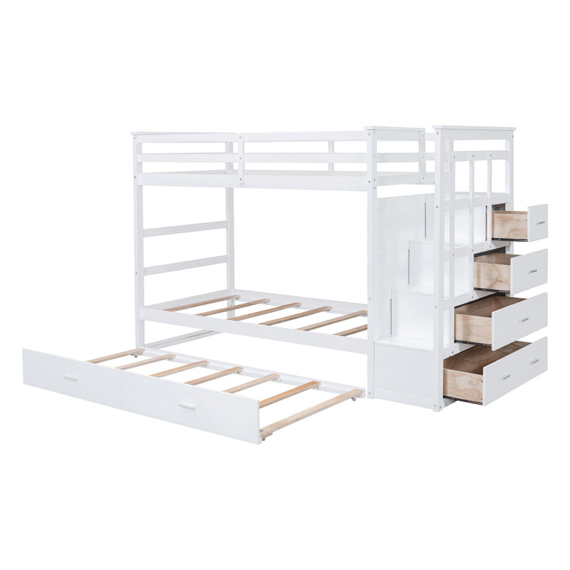 Twin Over Twin Bunk Bed With Trundle And Staircase - White