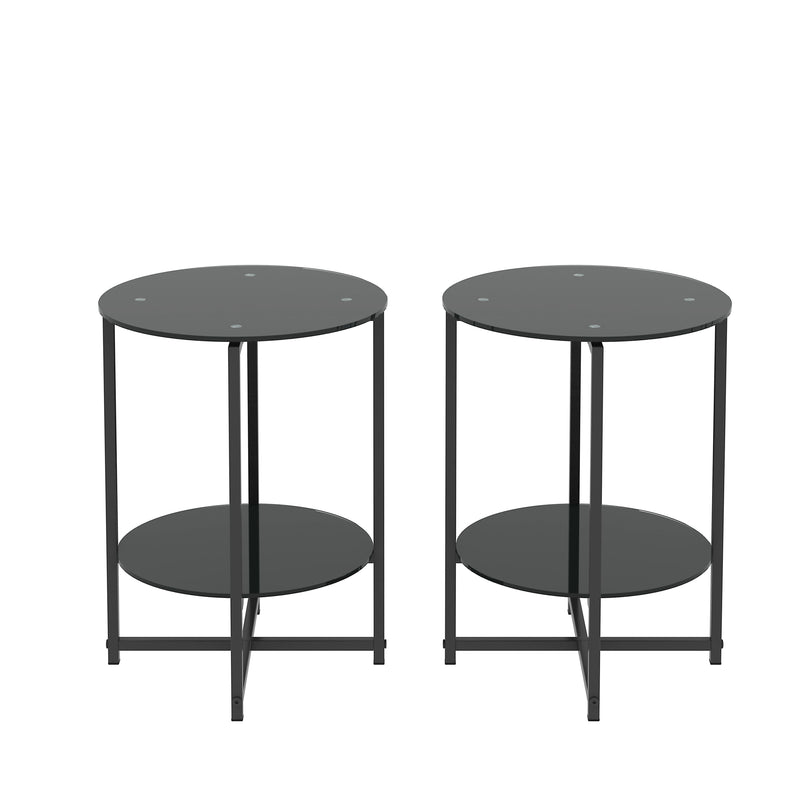 Jws-W241 Tempered Glass End Table (Set of 2) , Round Coffee Table For Bedroom Living Room Office - Black