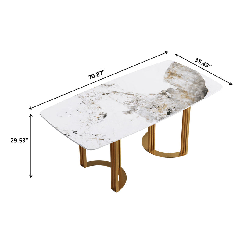 70.87" Modern Artificial Stone Pandora White Curved Golden Metal Leg Dining Table, Can Accommodate 6-8 People - Antique White / Gold