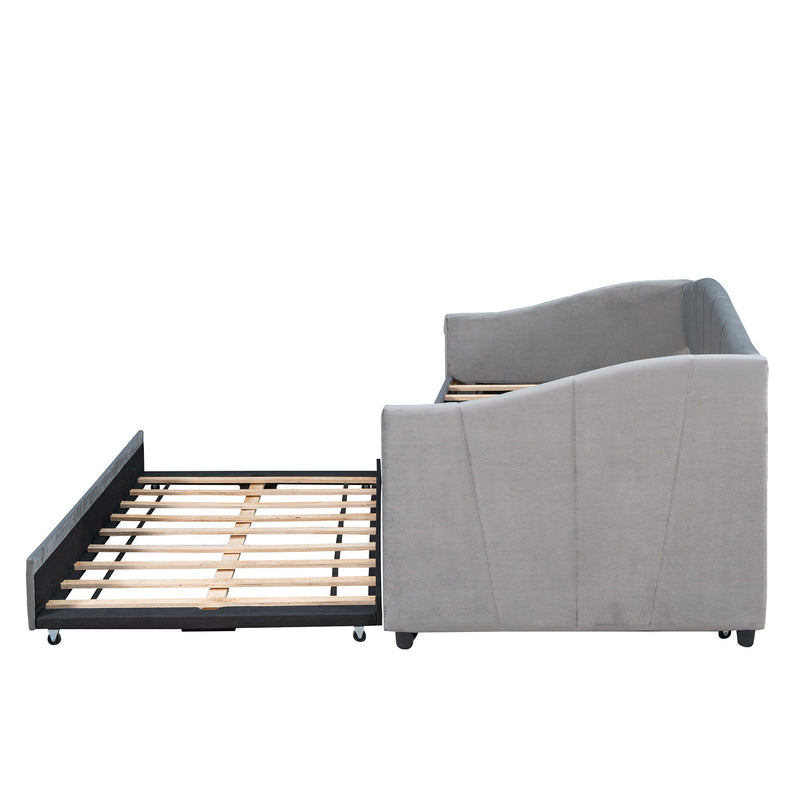 Twin Size Upholstered Daybed Sofa Bed With Trundle Bed And Wood Slat - Gray