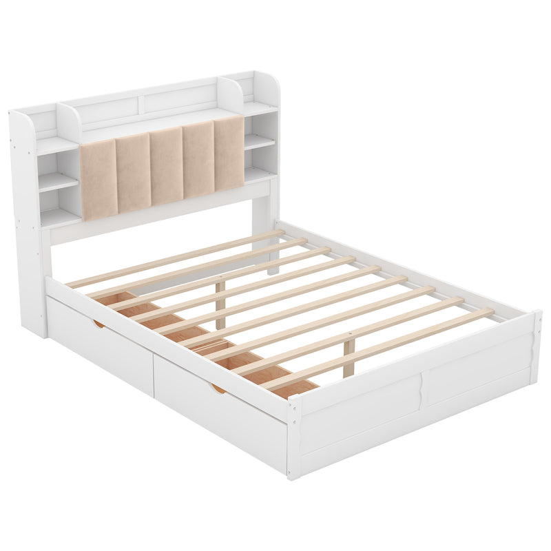 Wood Queen Size Platform Bed with Storage Headboard, Shelves and 2 Drawers, White