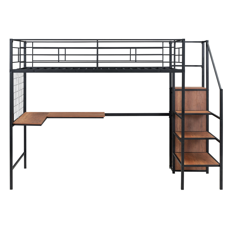 Twin Size Metal Loft Bed with Desk and Metal Grid, Stylish Metal Frame Bed with Lateral Storage Ladder and Wardrobe, Black