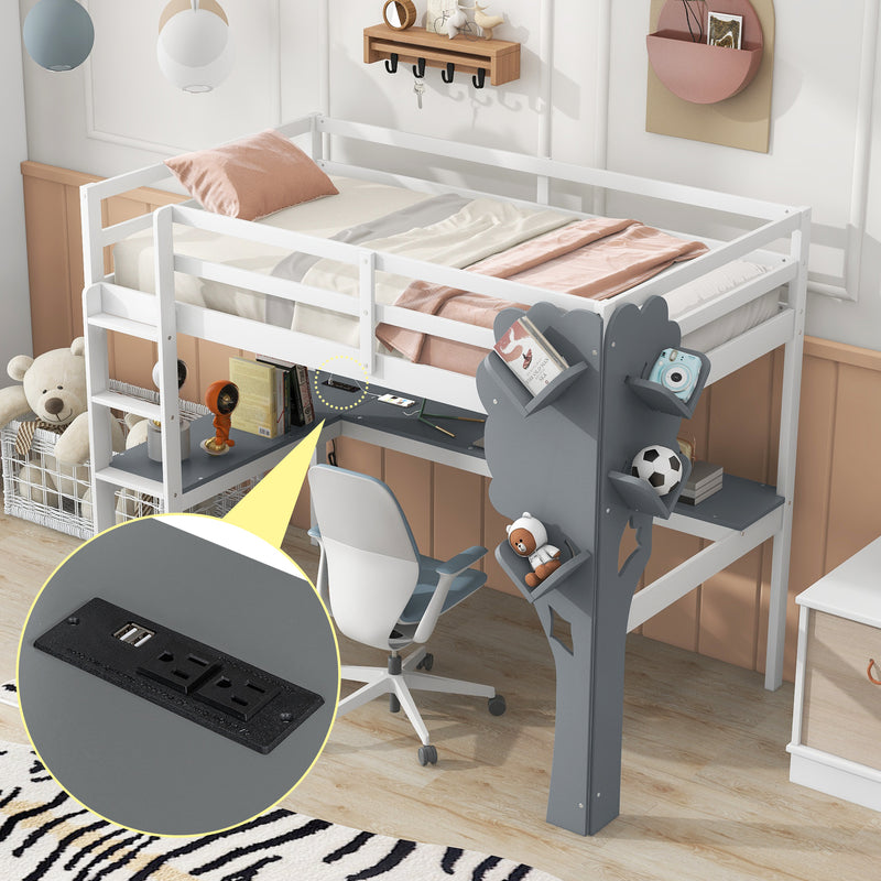 Twin Size Loft Bed with L-shaped Desk,Tree Shape Bookcase and Charging Station, White+Gray