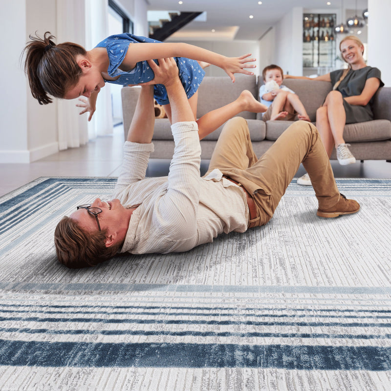 5' x 7' Bordered Non-Shedding Living Room Bedroom Dining Home Office Stylish And Stain Resistant Area Rug - Blue / Ivory