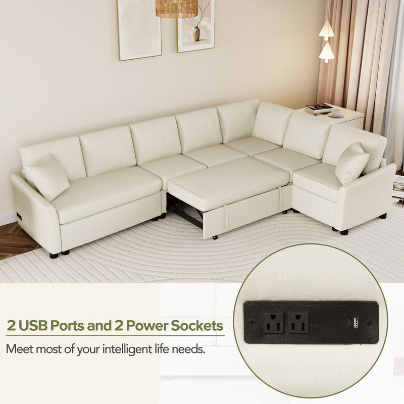 L-Shaped Sofa Convertible Sofa Bed Pull Out Sofa Sleeper With Two Back Pillows, Two USB Ports And Two Power Sockets For Living Room