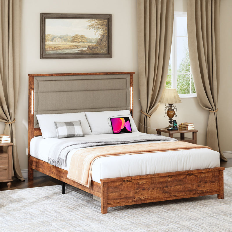 Queen Size Bed Frame With Upholstered Headboard, Queen Bed Frame With Charging Station And LED Lights, Wood Slats, No Box Spring Needed - Gray / Dark Brown