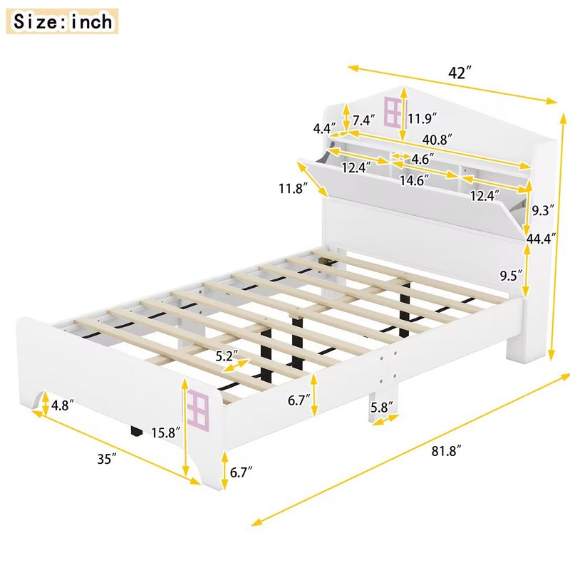 Wooden Twin Size House Bed with Storage Headboard ,Kids Bed with Storage Shelf, White