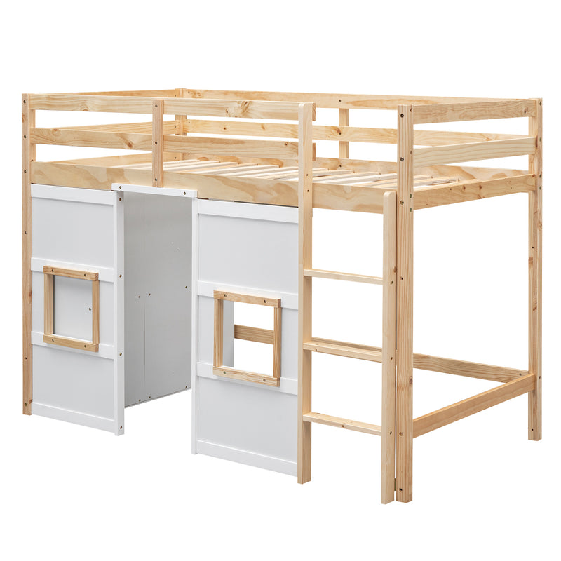 Wood Twin Size Loft Bed with Built-in Storage Wardrobe and 2 Windows, Natural/White