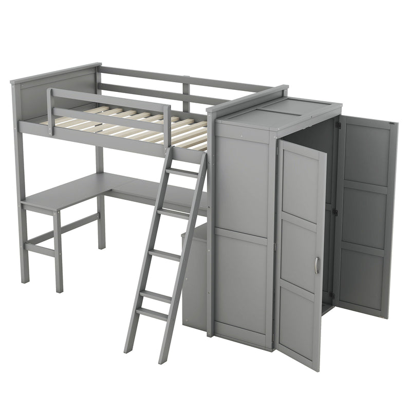 Twin Size Loft Bed With Desk, Shelves And Wardrobe - Gray