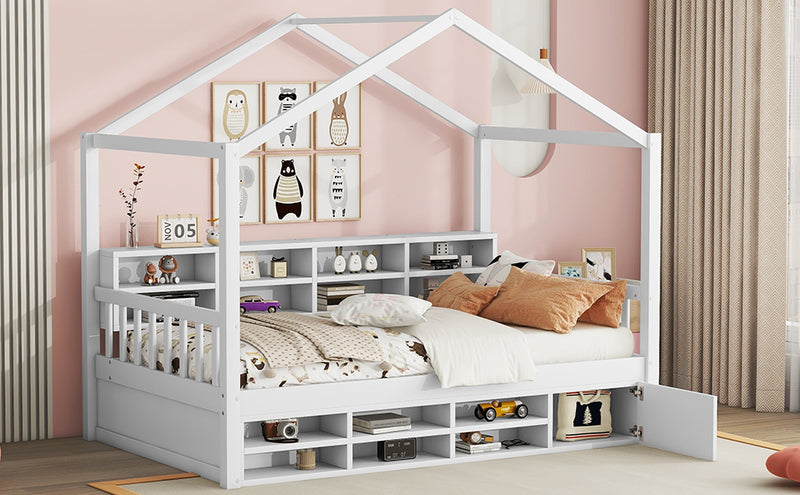 Twin Size Wooden House Bed with Shelves and a Mini-cabinet, White