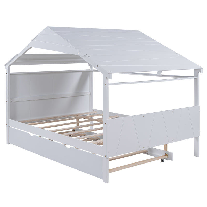 Wood Full Size House Bed with Twin Size Trundle and Storage, White