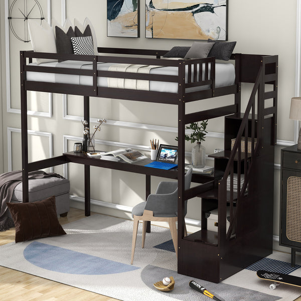 Twin Size Loft Bed with Storage Staircase and Built-in Desk, Espresso (Old SKU:GX000903AAP)