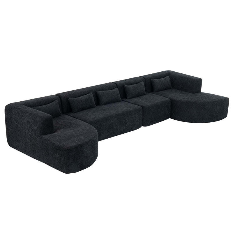 Upholstered Sofa Free Combined Sofa Couch With Two Chaise Lounge And Five Back Pillows For Living Room - Black