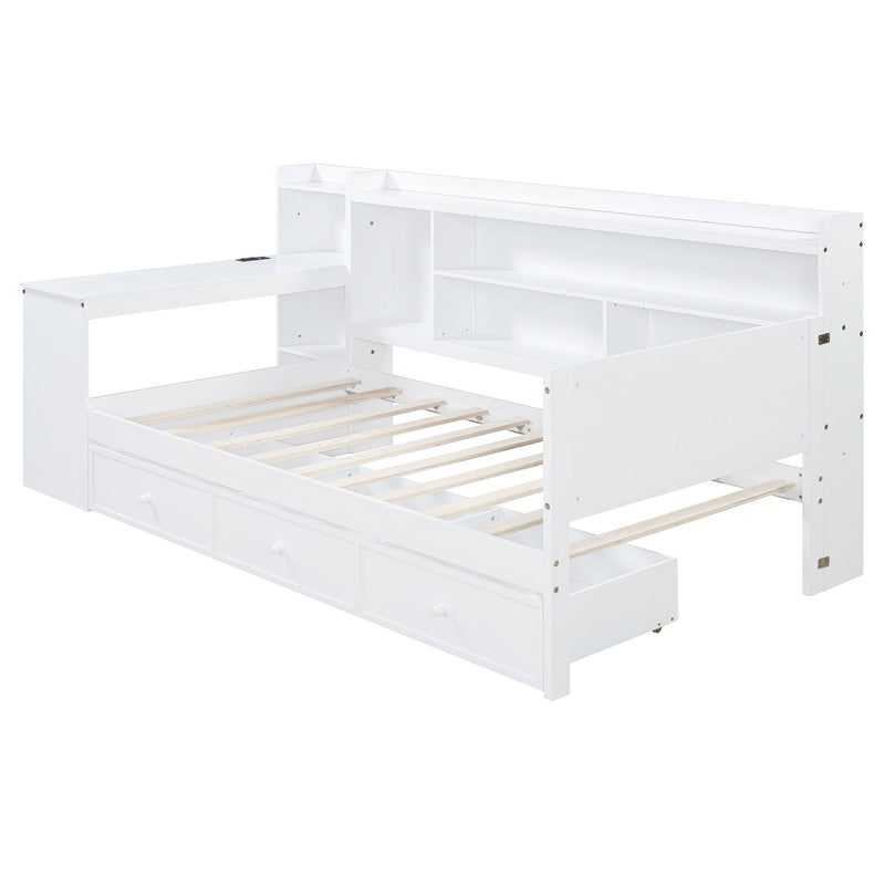 Twin Size Wooden Daybed With 3 Drawers, USB Ports And Desk - White