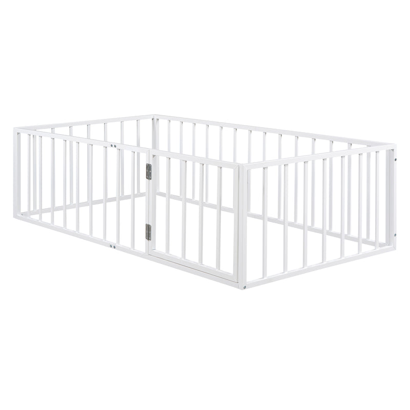 Twin Size Metal Floor Bed Frame with Fence and Door, White