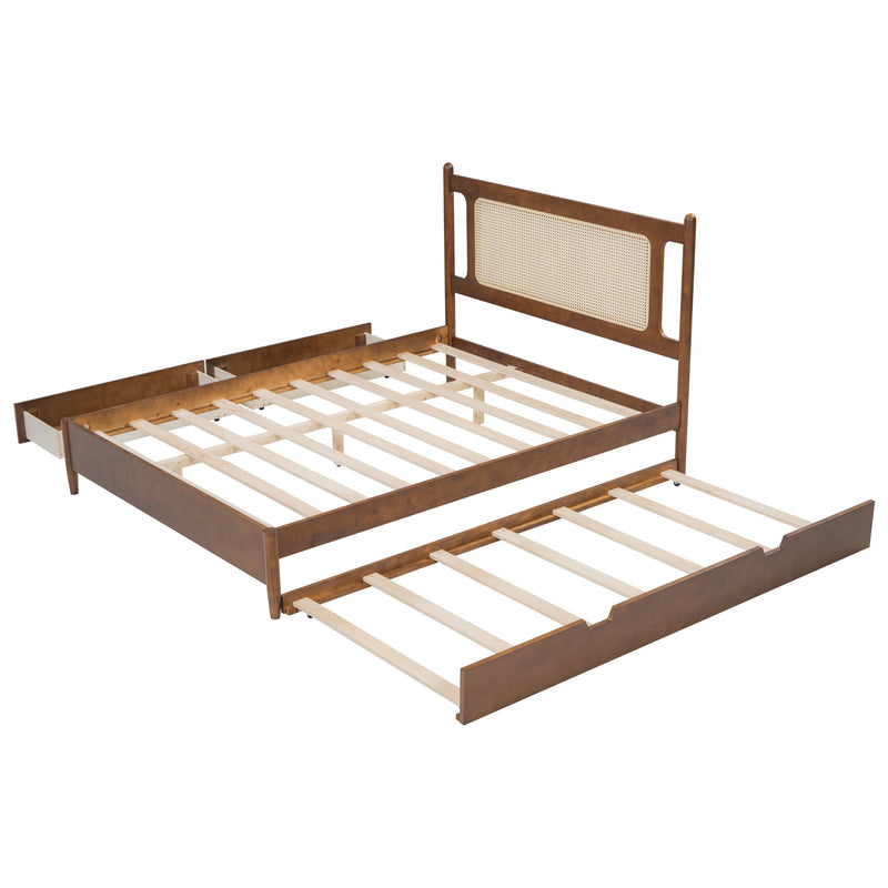 Wooden Rattan Platform Bed, With 2 Big Drawers & Trundle