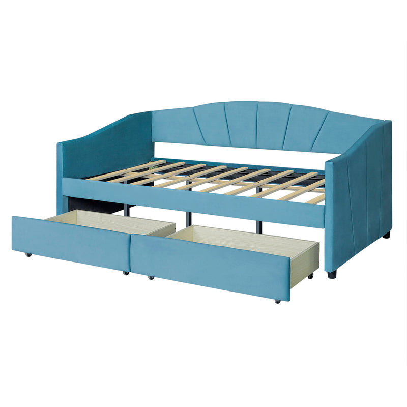 Twin Size Upholstered Daybed With Two Drawers And Wood Slat - Blue