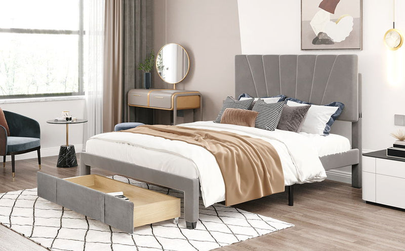 Queen Size Storage Bed Velvet Upholstered Platform Bed With A Big Drawer - Gray