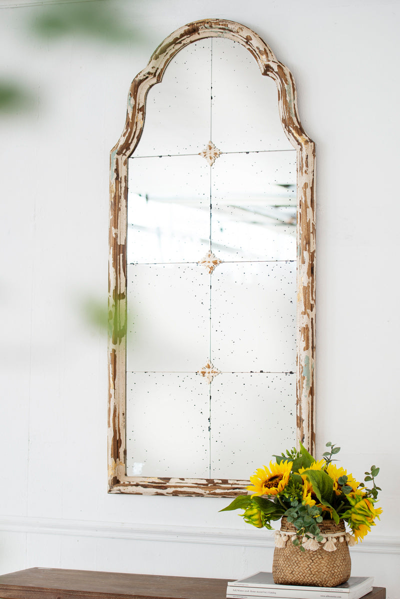 Large Framed Wall Mirror, Wood Arched Mirror With Decorative Window Look For Living Room, Bathroom, Entryway - Cream / Gold