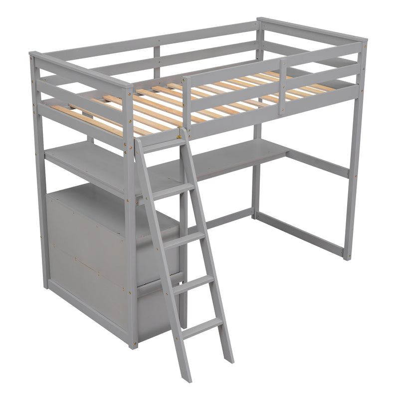 Twin Size Loft Bed with Desk and Shelves, Two Built-in Drawers, Gray(old SKU:GX000803AAE-1)