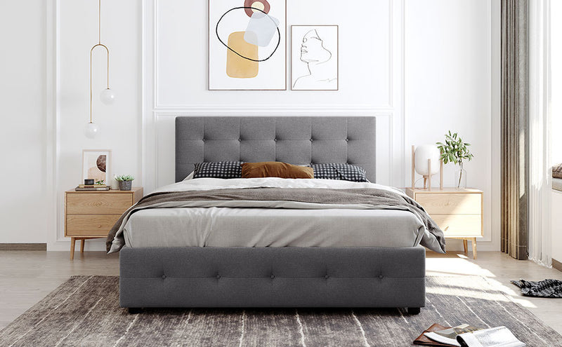 Upholstered Platform Bed with Classic Headboard and 4 Drawers, No Box Spring Needed, Linen Fabric, Queen Size Light Gray