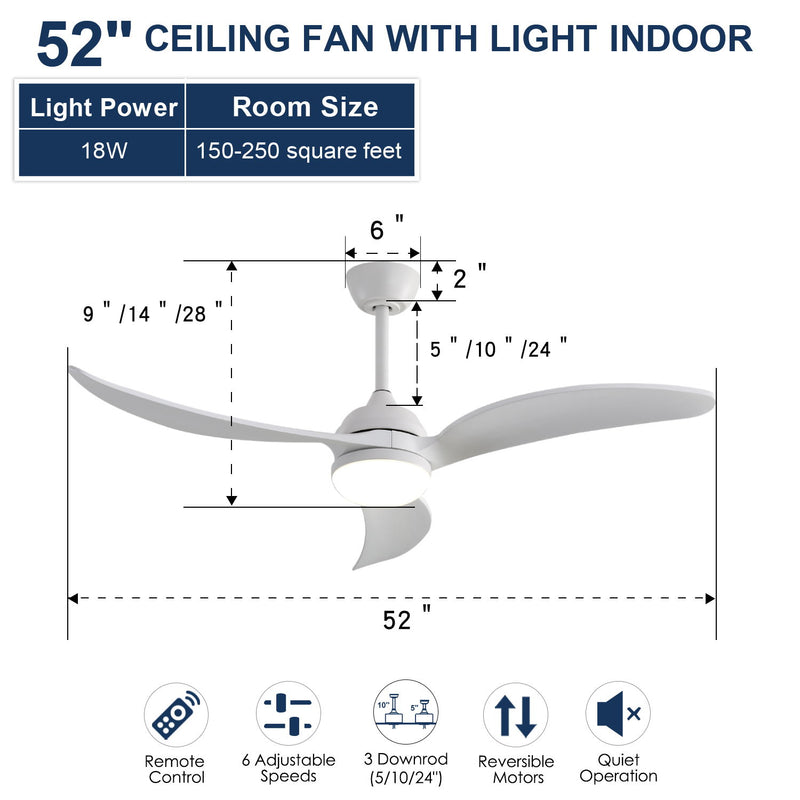 Ceiling Fan With Dimmable LED Light 3 Solid Wood Blades Remote Control Reversible DC Motor For Living Room