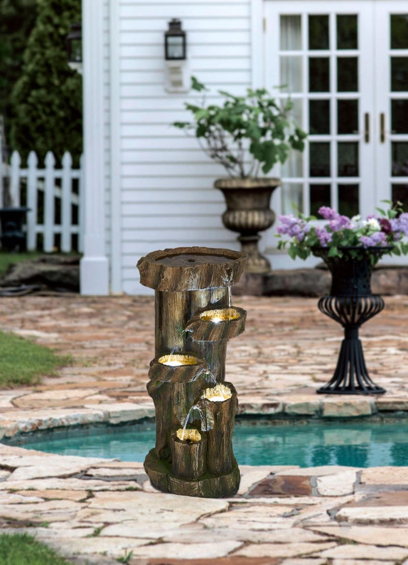 Rustic Decorative Tree Trunk 5 Tier Water Fountain, With Light And Pump, For Indoor And Outdoor - Brown