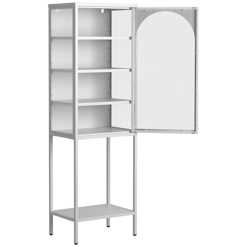 Metal Glass Door Display Storage Cabinet - 5 Tier Cube Bookshelf Storage Cabinet With 3 Adjustable Shelves For Kitchen, Dining Room, Living Room, Bathroom, Home Office - Antique White