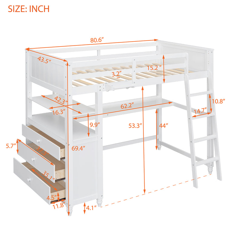 Twin size Loft Bed with Drawers and Desk, Wooden Loft Bed with Shelves - White(OLD SKU: LT001530AAK)