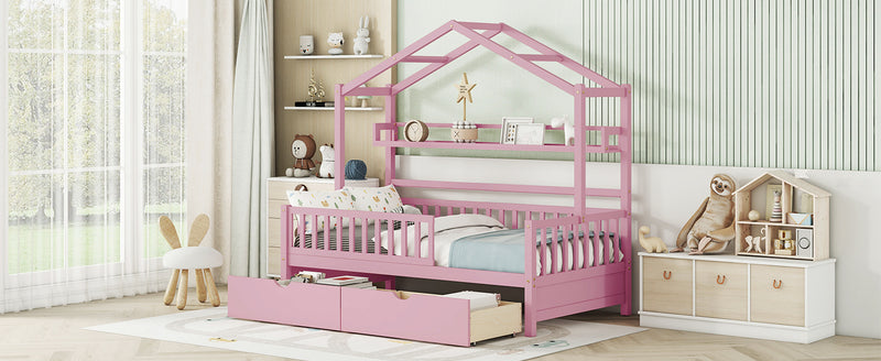 Wooden Twin Size House Bed with 2 Drawers,Kids Bed with Storage Shelf, Pink